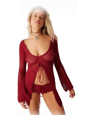 Frankie’s Bikinis Collette Crochet Tunic Cover Up In Ruby Red Small New With Tag